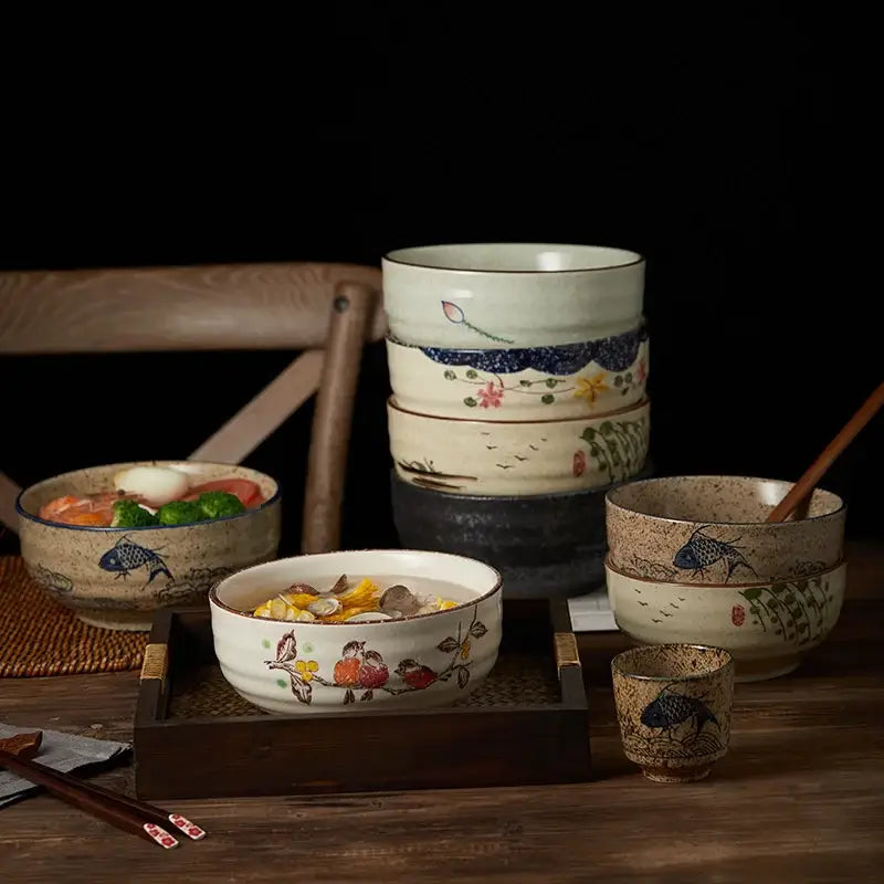 DecorBites™ hand-painted ceramic ramen bowl in earthy tones with fish and floral designs for kitchen and hotel use