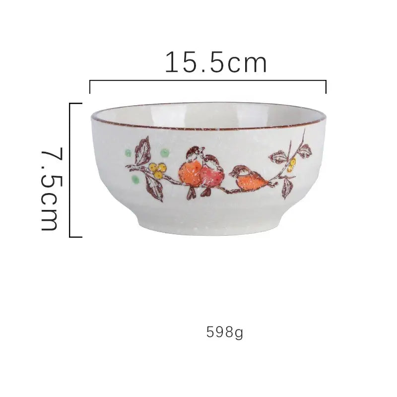 White ceramic ramen bowl with hand-painted orange birds design by DecorBites™ for kitchen and hotel use