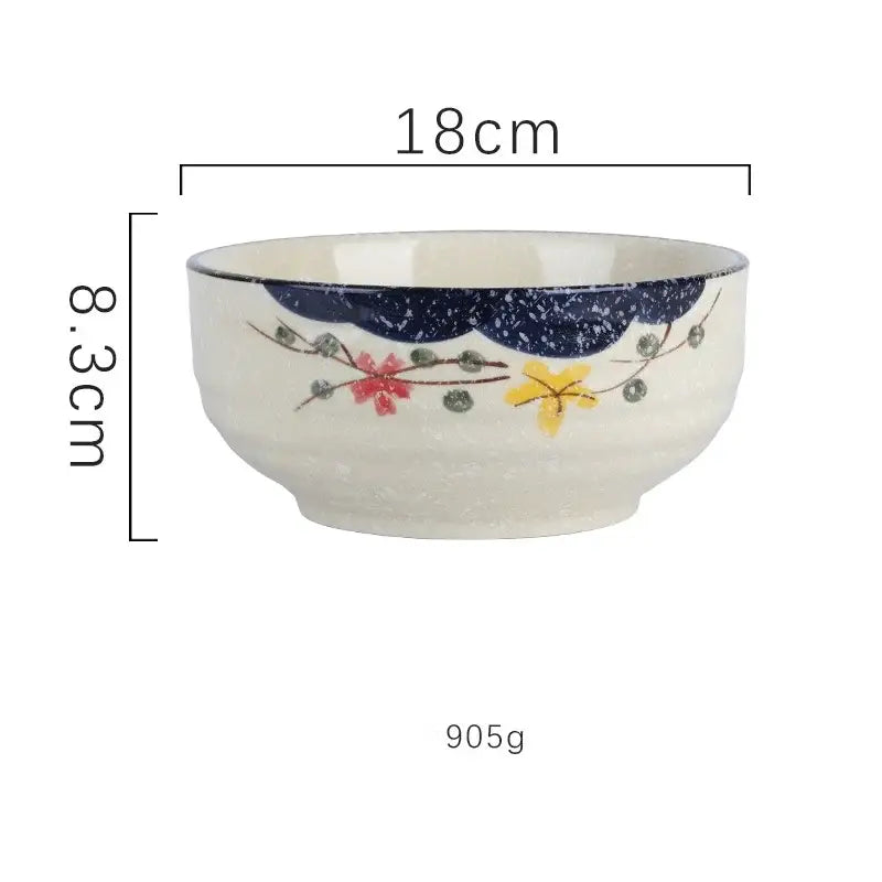White ceramic ramen bowl with navy blue speckles and hand-painted pink yellow flowers for kitchen and hotel use