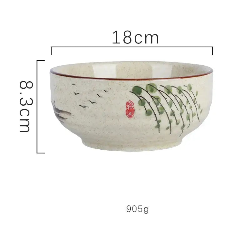 Decorbites™ ceramic ramen bowl with speckled off-white glaze and hand-painted green vines and black birds for kitchen use