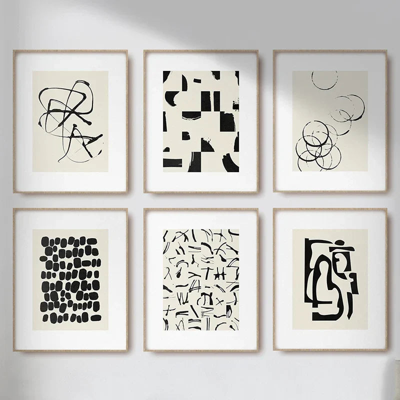 6 Black & Beige Abstract Canvas Poster Prints - Posters