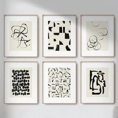 6 Black & Beige Abstract Canvas Poster Prints - Posters