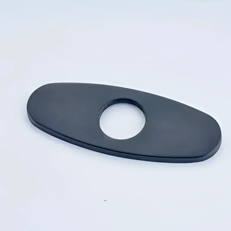 Black oval-shaped DecorBites™ 6 inch deck plate cover with central circular hole for bathroom kitchen sink faucet