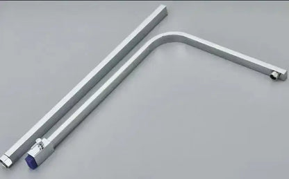 Silver-colored hexagonal shower arm with blue-tipped valve end paired with decorbites 6 inch deck plate cover