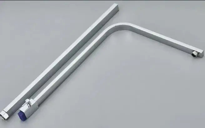 Silver-colored hexagonal shower arm with blue-tipped valve end paired with decorbites 6 inch deck plate cover