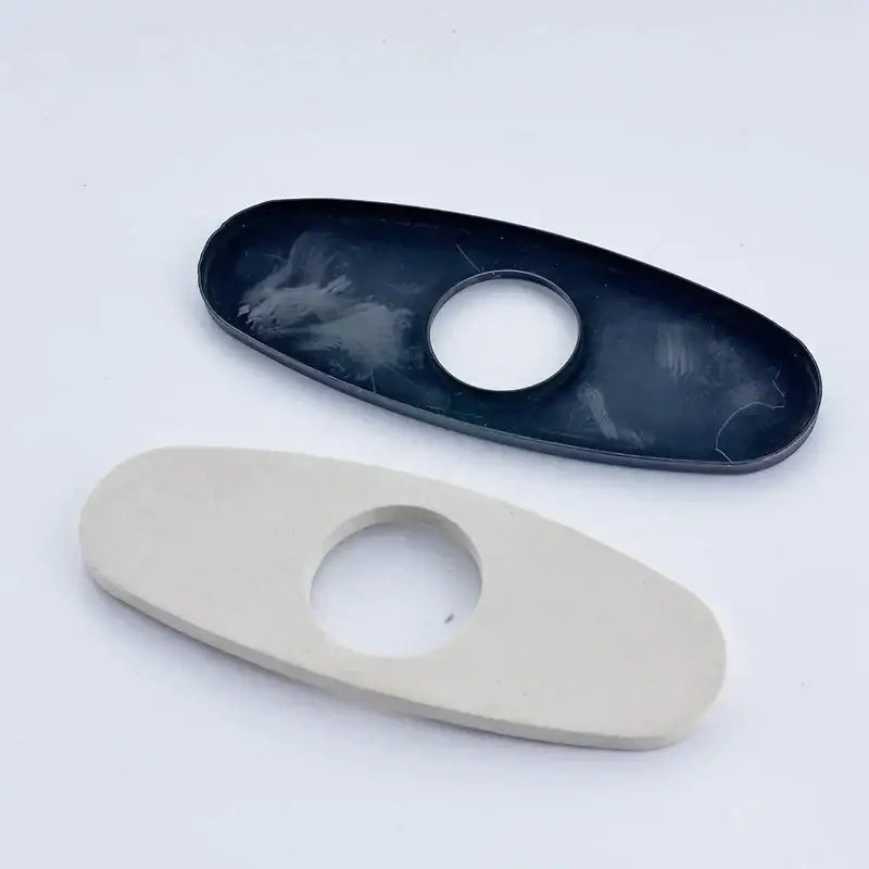 Decorbites™ black and beige plastic deck plate covers with central circular cutouts for bathroom kitchen sink faucets