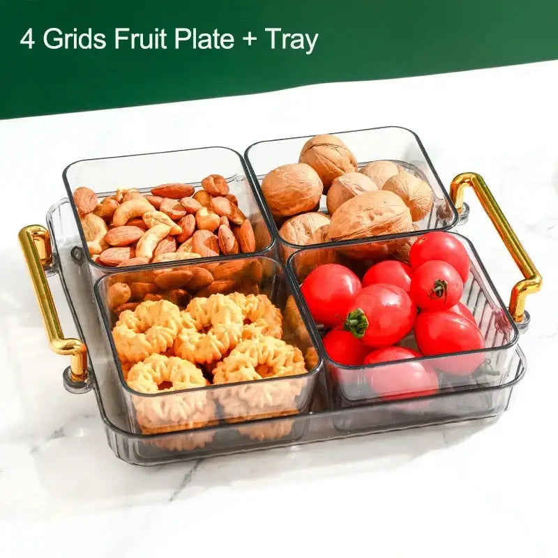 Decorbites™ transparent plastic 6-grid divided fruit plate with gold handles holding assorted snacks