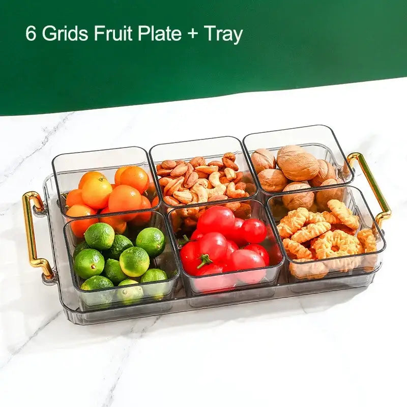 Decorbites™ transparent plastic 6-grid divided fruit plate with gold handles holding assorted snacks and fruits