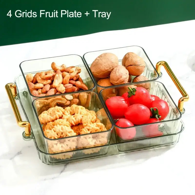 Decorbites™ clear glass 6-grid divided fruit plate with gold-tone handles holding nuts cherry tomatoes and cookies
