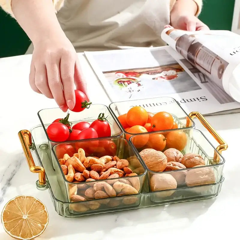 Decorbites 6-grid divided fruit plate with transparent glass and gold-toned handles holds snacks and dry fruits