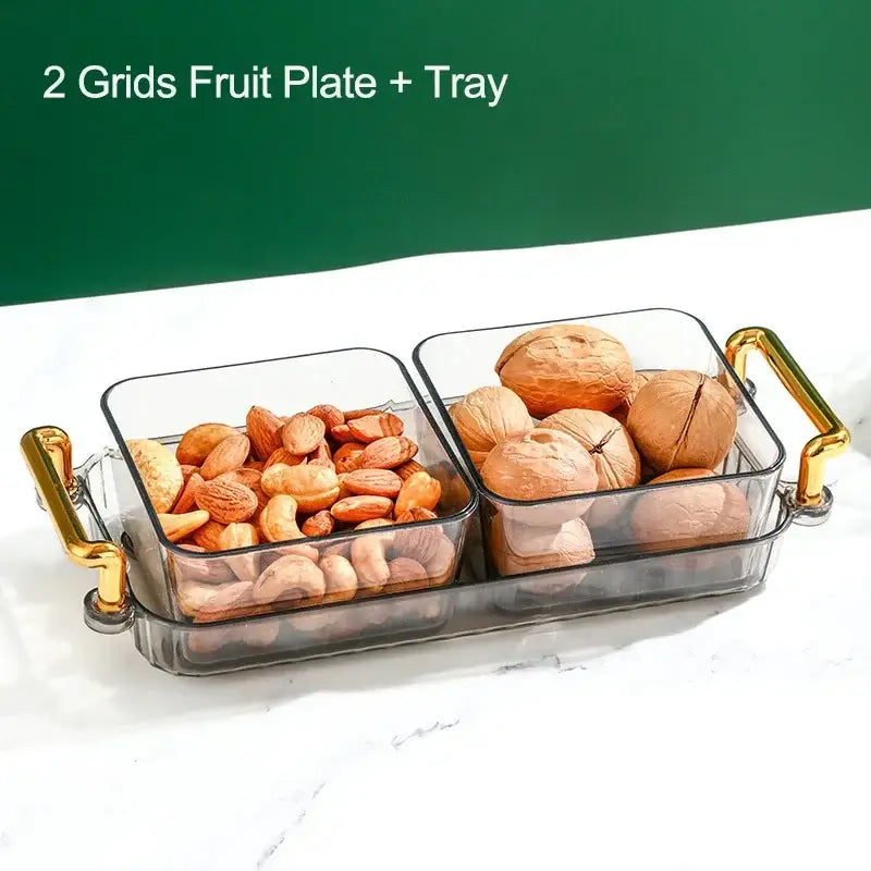 Clear plastic DecorBites™ 6-grid divided fruit plate with gold-tone handles for nuts and walnuts