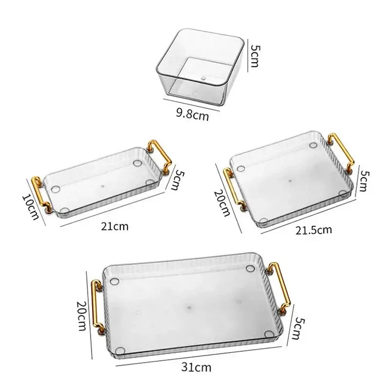 Clear rectangular 6-grid divided fruit plate with gold-tone handles and ribbed edges for serving snacks and dry fruit