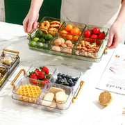 Decorbites™ clear plastic 6-grid divided fruit plate with gold-tone handles and six snack compartments