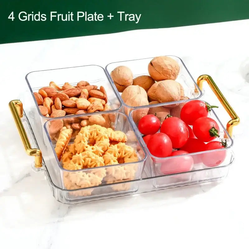 DecorBites™ clear plastic 6-grid divided fruit plate with gold handles holding almonds walnuts cookies and tomatoes