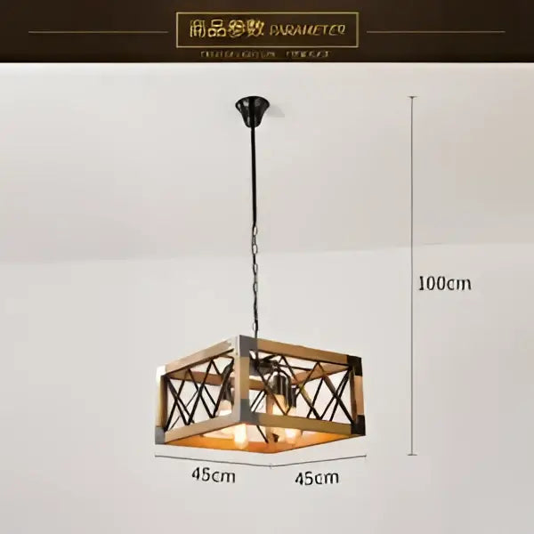 DecorBites 6-head industrial style pendant lamp with rustic wooden and iron cube frame and warm glowing light