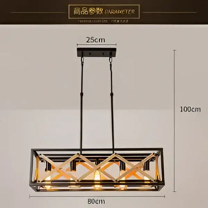 Decorbites 6-head industrial style pendant lamp with black metal geometric lattice and warm amber glass panels