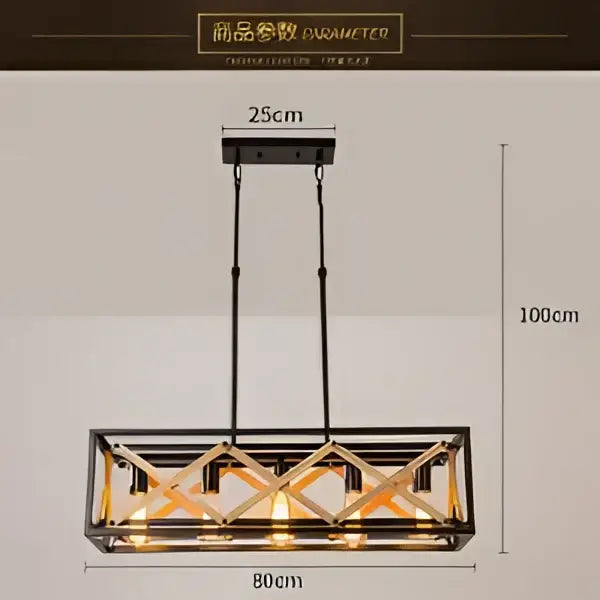 Decorbites 6-head industrial style pendant lamp with black metal geometric lattice and warm amber glass panels