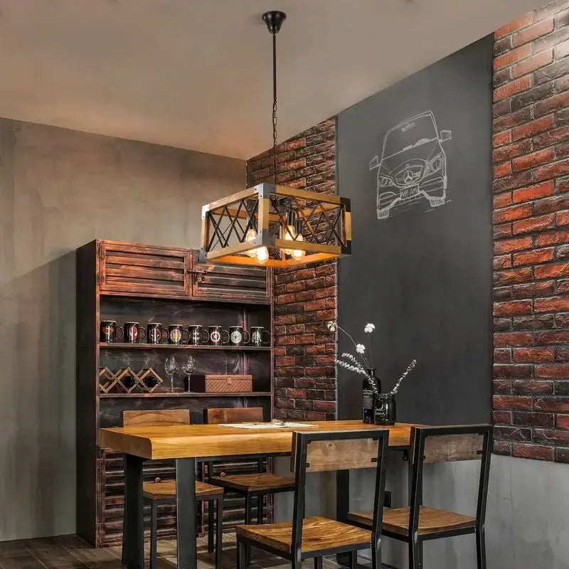 DecorBites™ 6-head industrial style pendant lamp with retro solid wood and iron frame featuring exposed bulbs