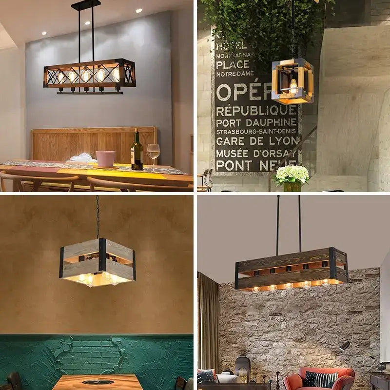 Rustic wooden crate-style pendant lamp with black metal accents and exposed bulbs industrial style pendant light
