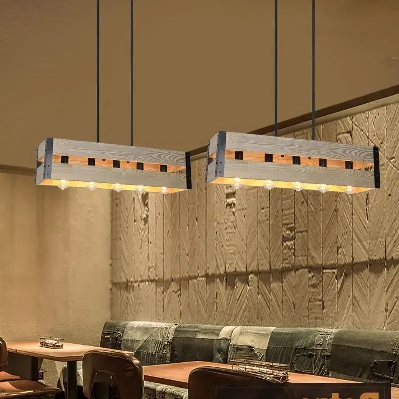Decorbites™ 6-head industrial style pendant lamp with rustic rectangular wooden lights weathered gray finish black metal accents