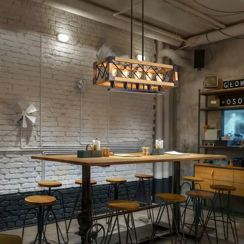 DecorBites 6-head industrial style pendant lamp with wooden and iron frame featuring exposed bulbs in warm tones