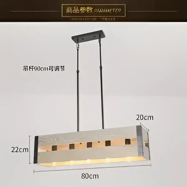 DecorBites 6-head industrial style pendant lamp with rustic solid wood frame and warm led lighting through rectangular cutouts