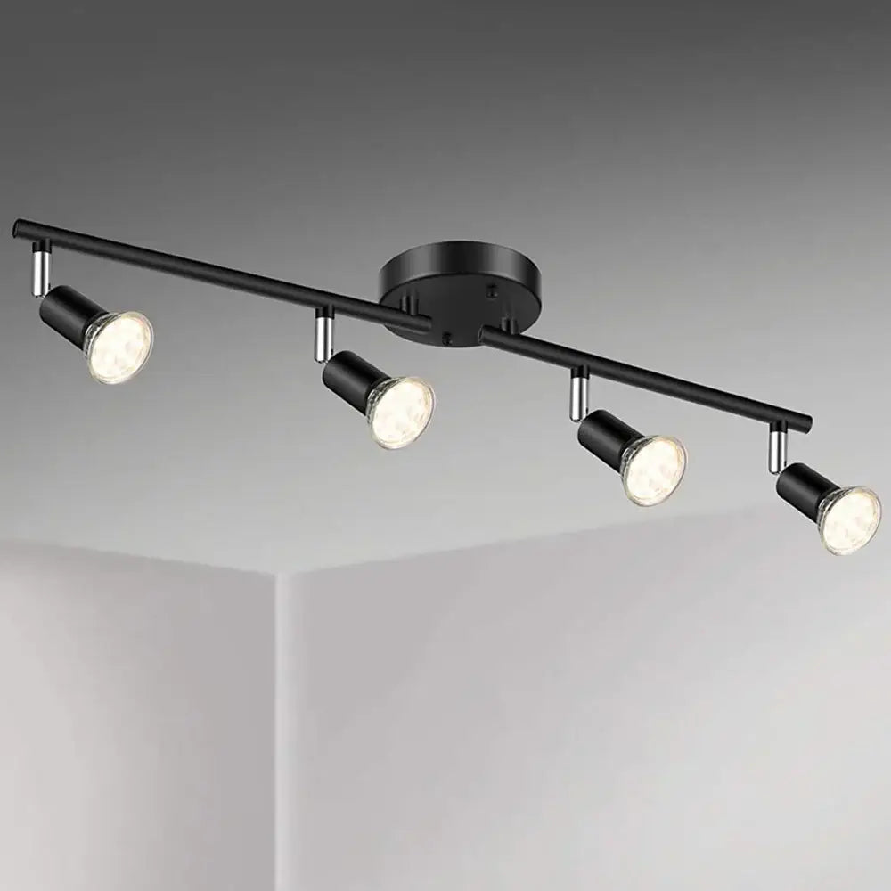Black matte track ceiling light with four adjustable angle spot lamps for living room and bedroom lighting