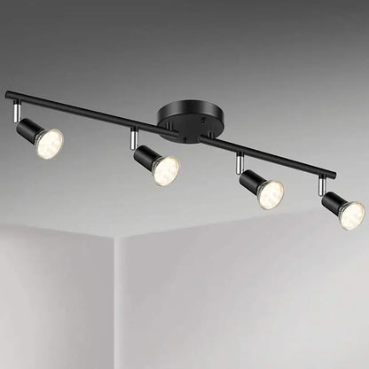 Black matte track ceiling light with four adjustable angle spot lamps for living room and bedroom lighting