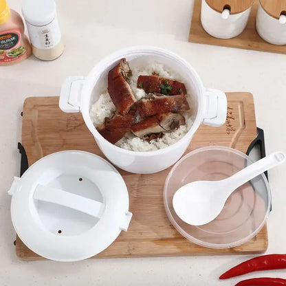 White plastic decorbites™ 6-in-1 cooking pot with handles filled with steamed rice and sliced roasted pork