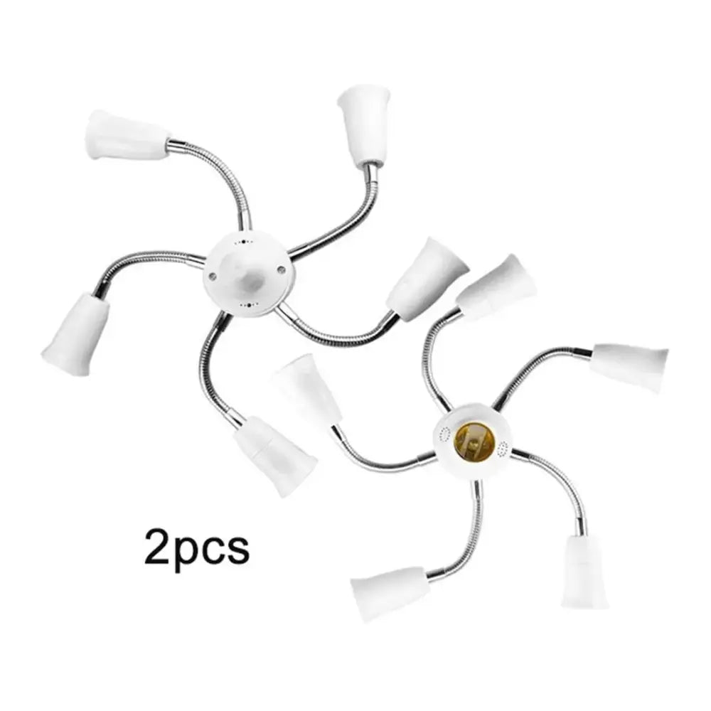White multi-armed desk lamp with flexible metallic arms and frosted glass shades paired with decorbites light splitter socket adapter