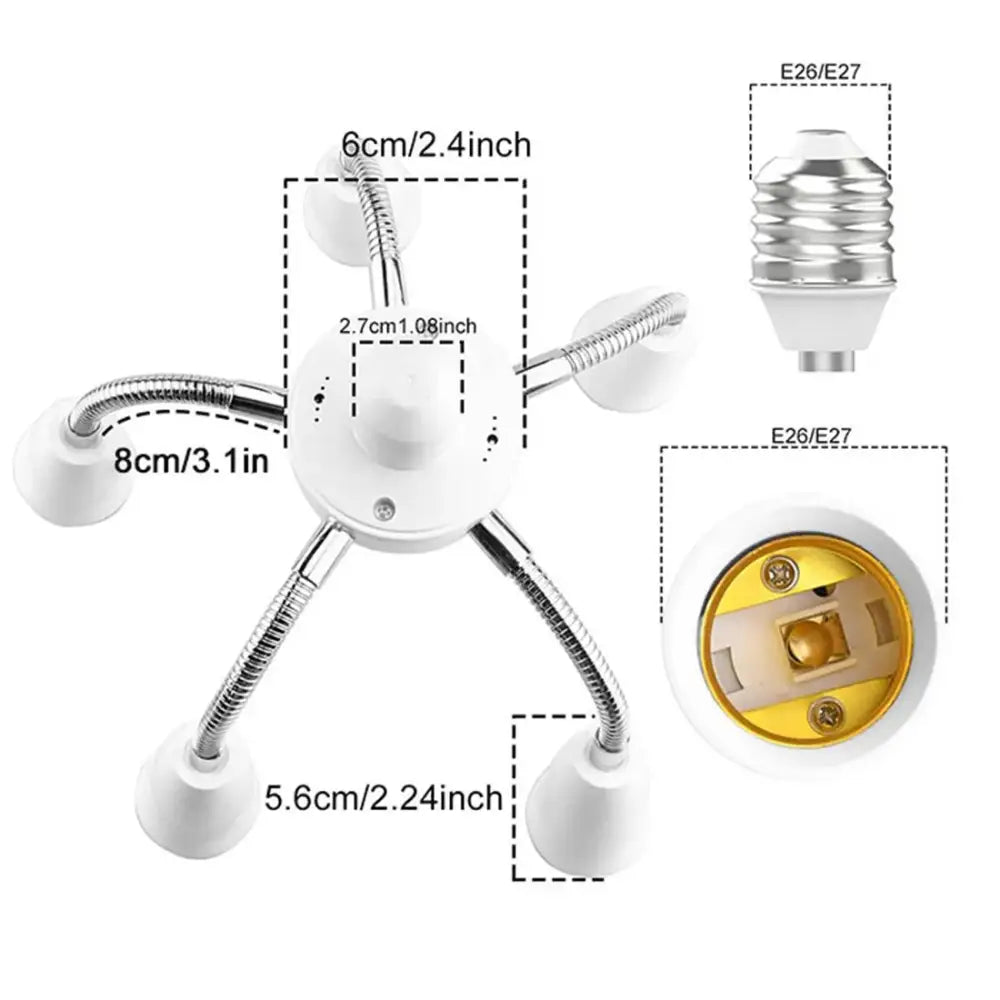 White multi-arm desk lamp with flexible chrome-coated metal arms and e26 e27 bulb sockets featuring a light splitter socket adapter