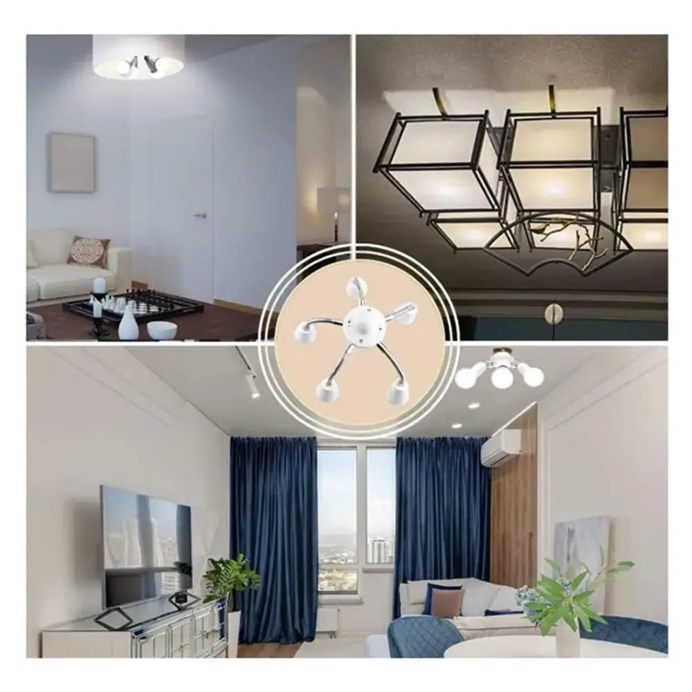 White modern ceiling light fixture with five curved arms and spherical bulbs paired with decorbites™ light splitter socket adapter