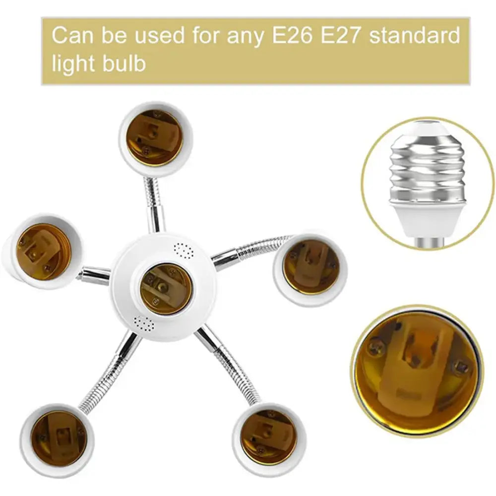 White DecorBites™ 6-in-1 light splitter socket adapter with flexible metallic arms and amber e26 e27 bulb sockets