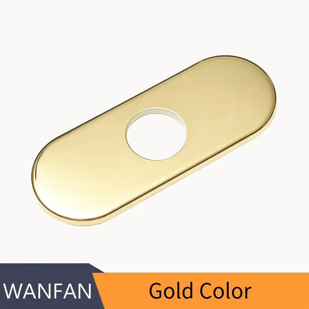 Gold-colored oval metal sink deck plate with central hole for bathroom sink deck and kitchen faucet escutcheon use