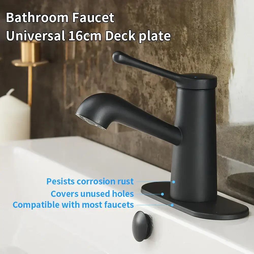 Black matte bathroom sink deck plate with sleek modern design and universal 16cm deck plate for unused mounting