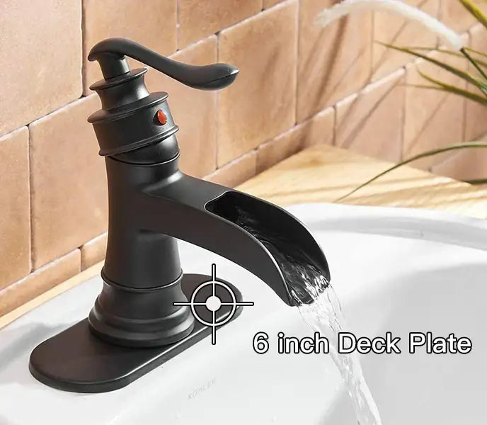 Black matte finish waterfall faucet with red accent button on handle and decorbites™ 6 inch deck plate with sink mounting escutcheon