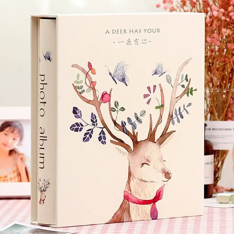 Beige DecorBites™ 6-inch family baby wedding scrapbook album with 200 pages and deer watercolor illustration