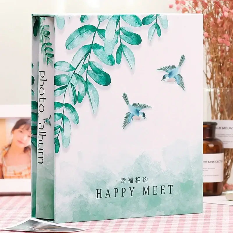 White DecorBites™ 6-inch family baby wedding scrapbook album with 200 pages and green leaf bird design happy meet text