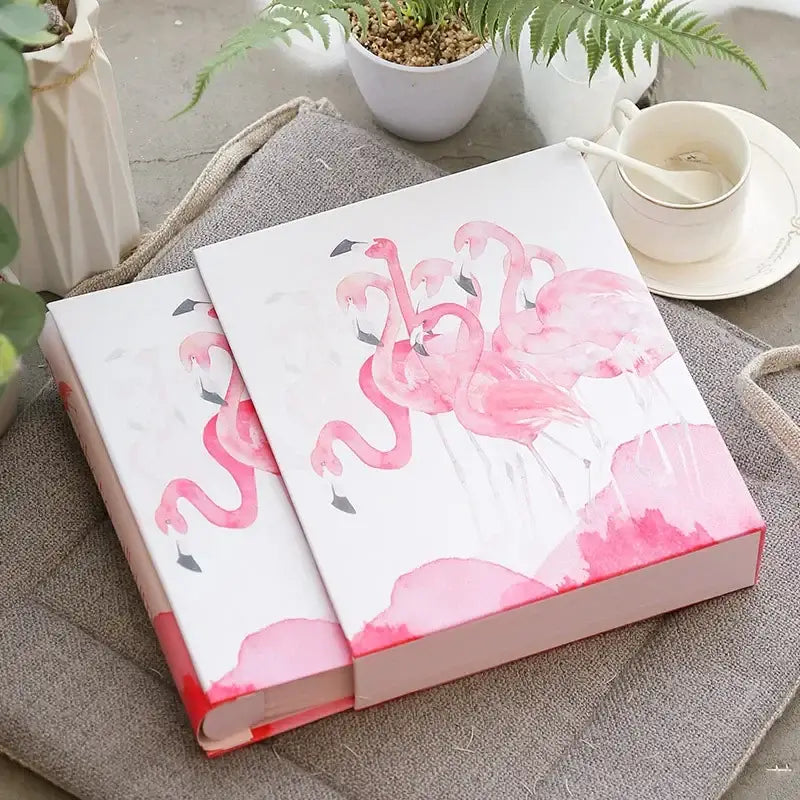DecorBites™ 6-inch white hardcover scrapbook album with pink flamingo design for family baby wedding memories