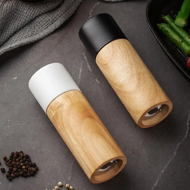 Two DecorBites™ 6-inch manual wooden salt pepper grinders with ceramic black and white tops for multi-purpose kitchen use