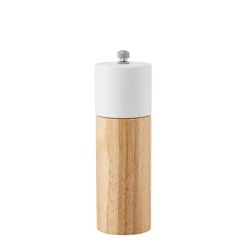 Decorbites 6-inch manual wooden salt pepper grinder with natural wood body and glossy white top with metallic knob