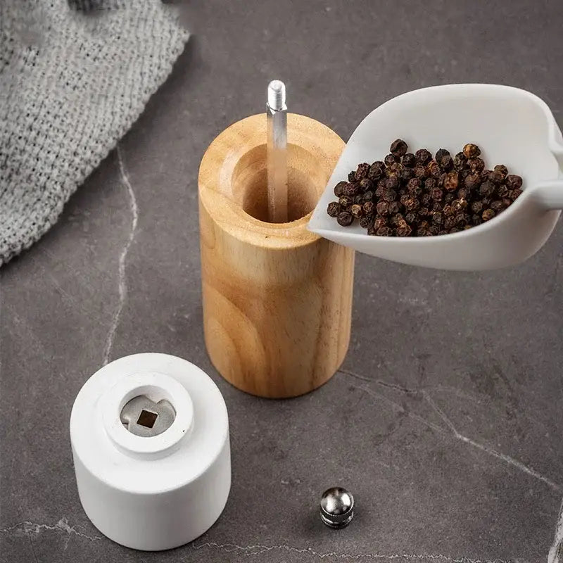 Decorbites 6-inch manual wooden salt pepper grinder with white ceramic base and metal grinding mechanism