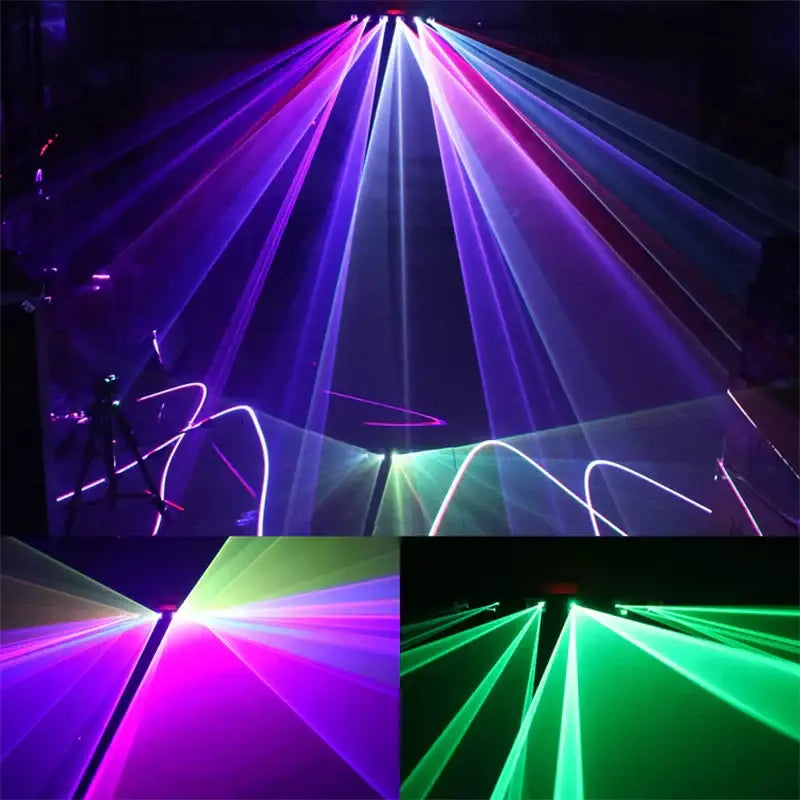 Vibrant multi-colored laser beams from decorbites 6-lens rgb scanning laser projector for dance floor and dj parties