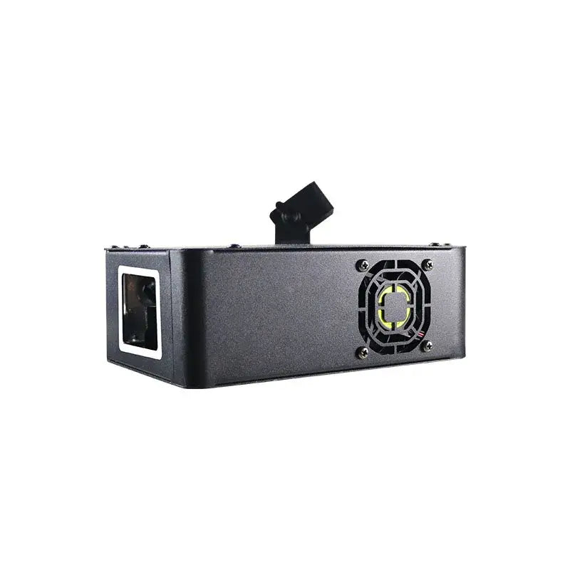 Black rectangular DecorBites™ 6-lens rgb scanning laser projector with ventilation grille and adjustable mount for dance floor use