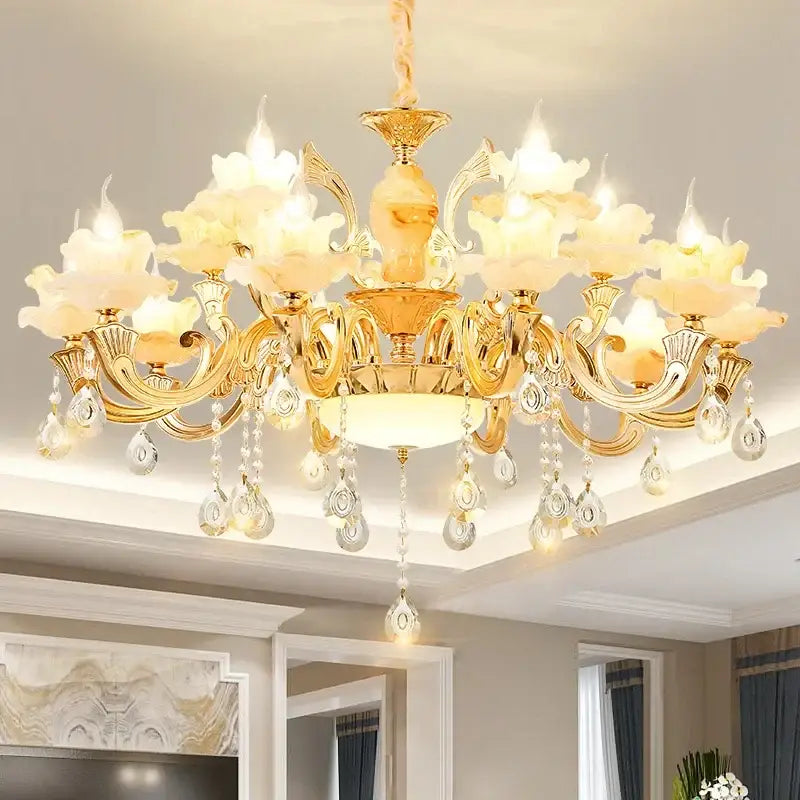 Gold-toned DecorBites™ 6-light LED dolomite chandelier with ornate floral glass shades and dangling crystal droplets for living room