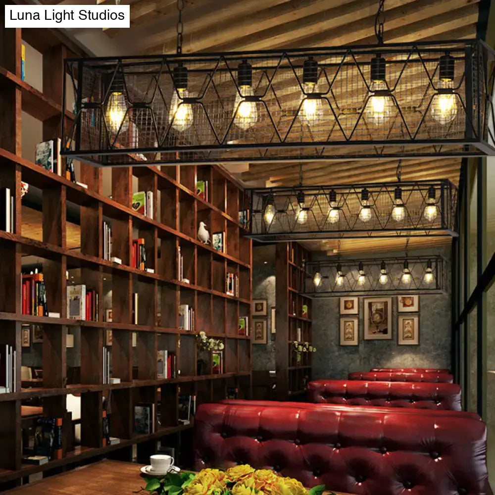 Decorbites™ 6-light rectangular mesh island lighting with black metal industrial design and exposed bulb base filament bulbs