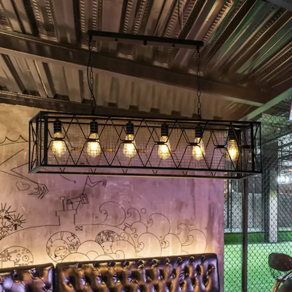 DecorBites™ 6-light rectangular mesh island lighting in black metal with five exposed Edison bulbs and e26 e27 sockets