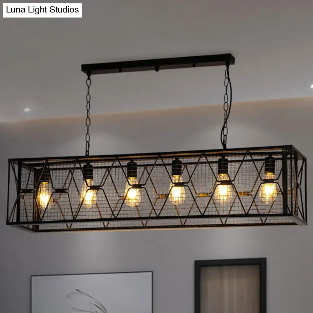 DecorBites 6-light rectangular mesh island lighting with black metal frame and five exposed e26 e27 Edison bulbs