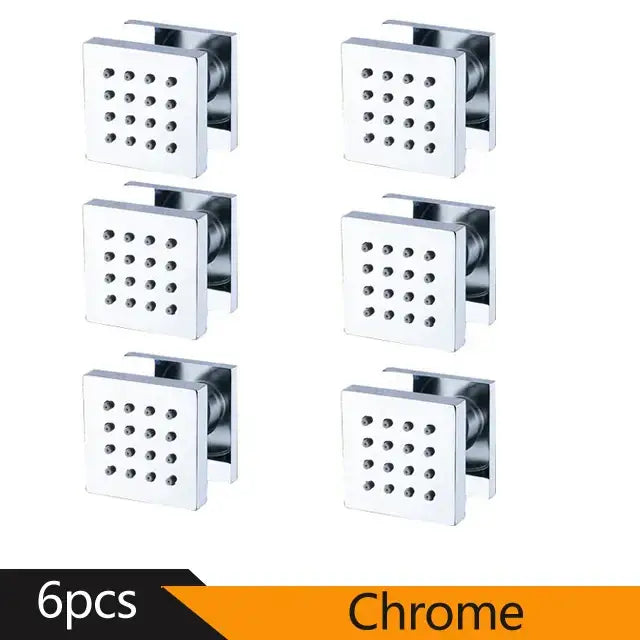 Set of six chrome finished square shower massage jets with grid pattern perforations for bathroom spa experience