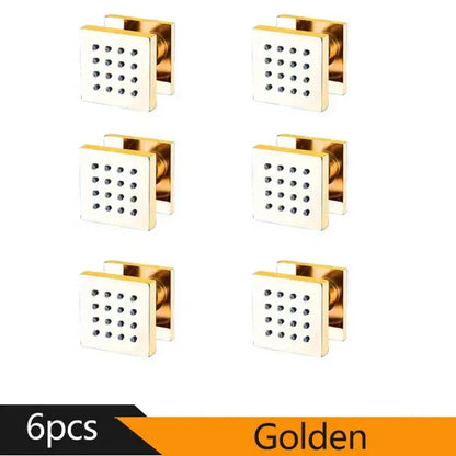 Golden square decorbites™ shower massage jets with polished metallic finish and grid of small perforations for spa experience